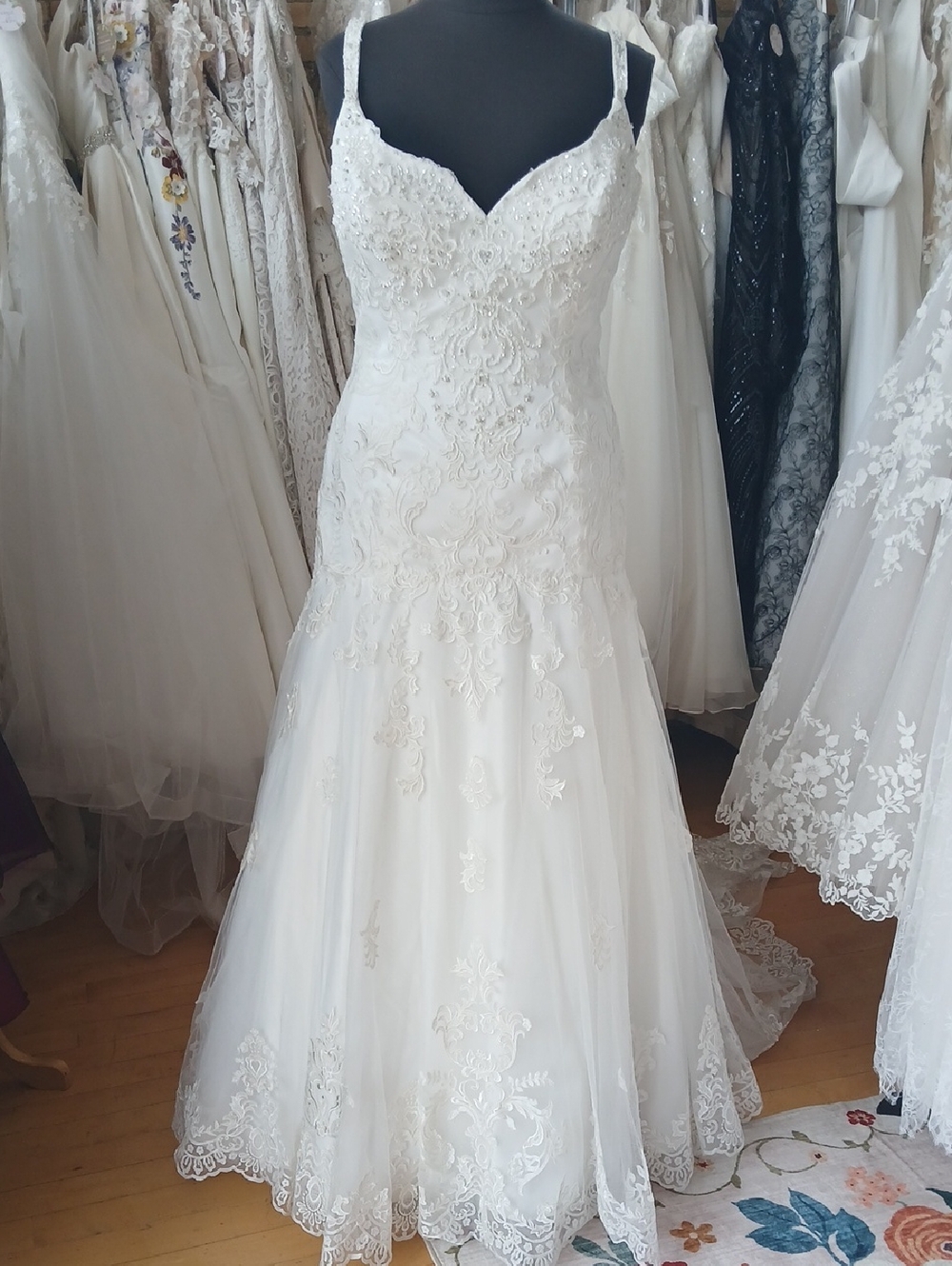 Ivory Lace Tulle Mermaid Wedding Dress with Beaded Bodice Corset Back